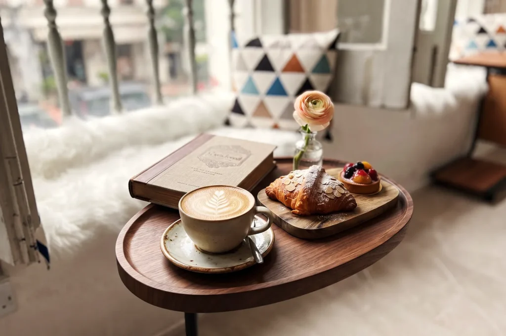 Cozy window seat arrangement featuring a hot latte with leaf art, an almond croissant, a fruit tart, and a book on a wooden side table.