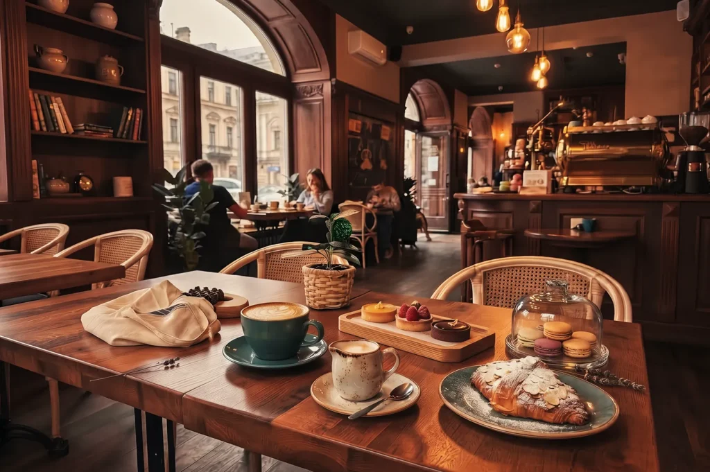 Inviting European‑style café with wooden furnishings, warm lighting, and elegant pastries including croissant, macarons, and tarts served with cappuccino and latte on a rustic table.