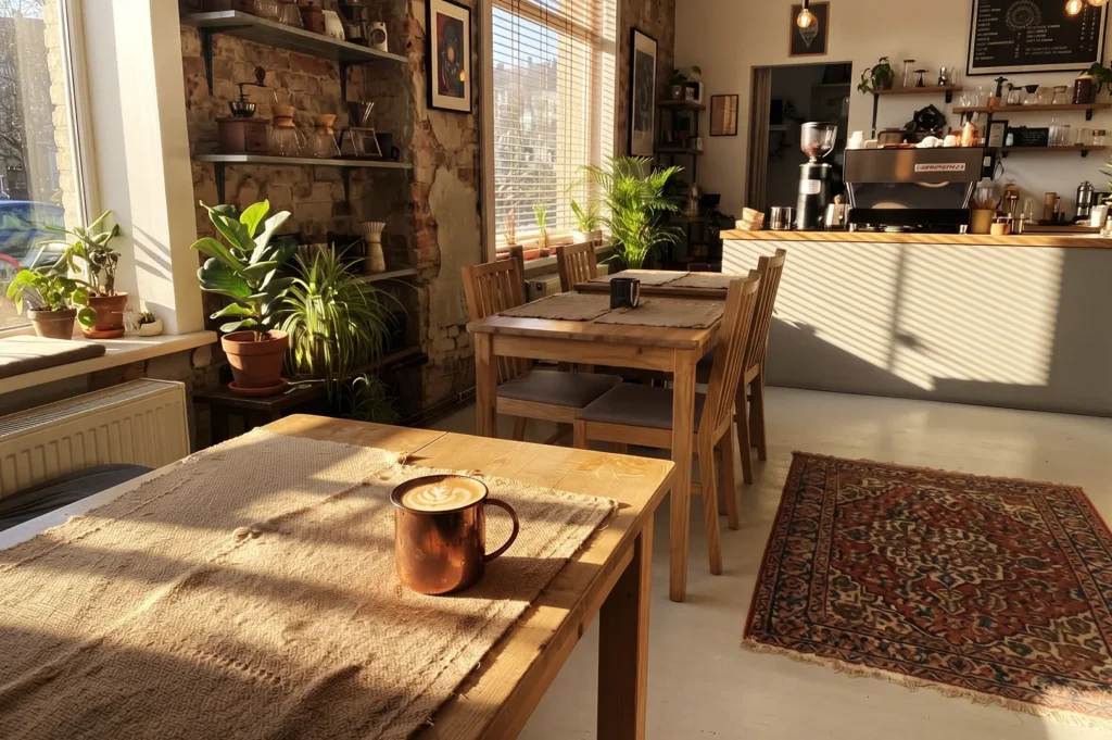 Cozy modern coffee shop interior with wooden tables, potted plants, exposed brick walls, and a copper mug with latte art in the foreground.