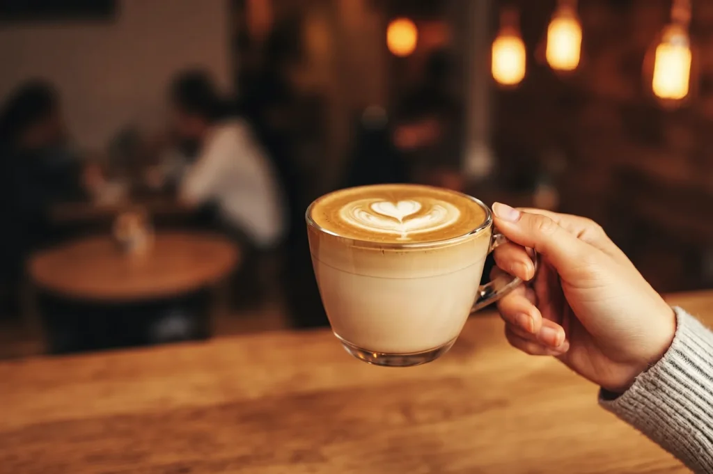 Hand holding a glass cup of latte with heart‑shaped foam art in a warmly lit café, highlighting artisanal coffee craftsmanship and inviting atmosphere.