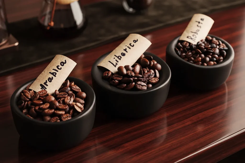 Three black ceramic bowls containing roasted coffee beans labeled Arabica, Liberica, and Robusta on a dark wooden counter.