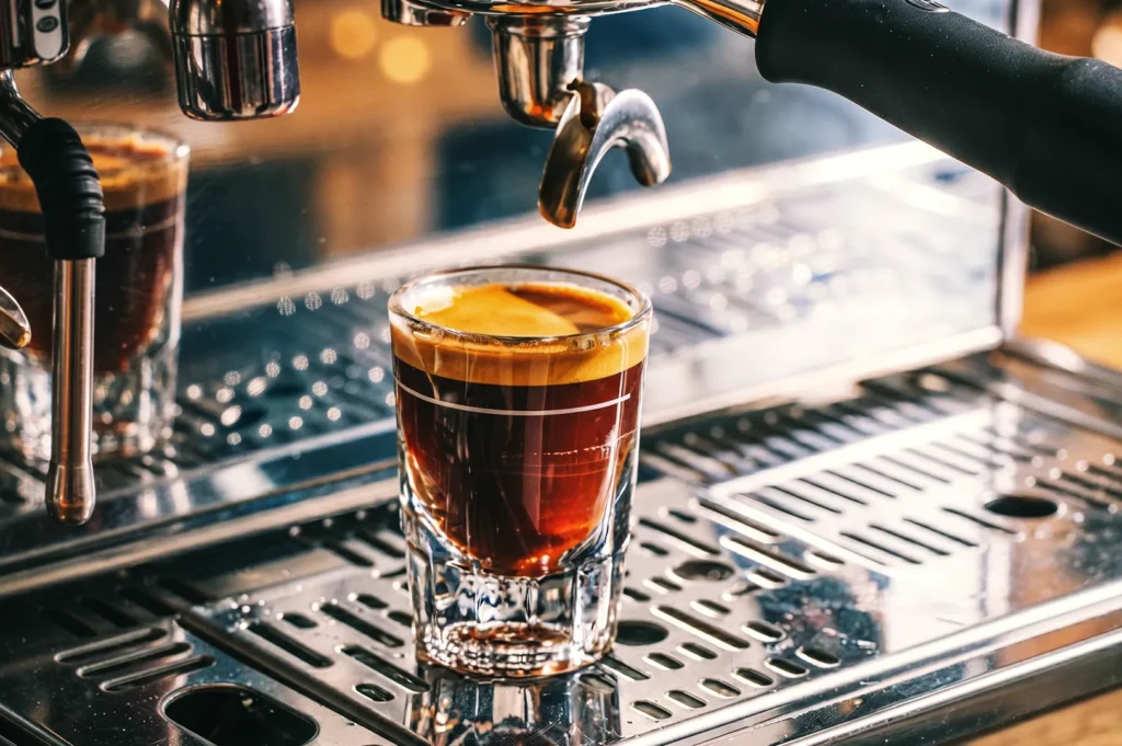 Fresh espresso shot with thick golden crema pulling from an espresso machine group head into a small glass.