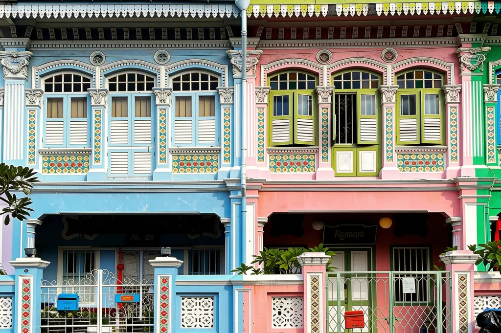 Colorful Peranakan shophouses in Singapore with pastel blue, pink, and green façades, ornate tiles, and shuttered windows — iconic heritage architecture in Joo Chiat or Katong district.