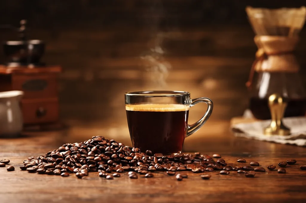Hot cup of dark black coffee on a rustic wooden table surrounded by whole coffee beans and a Chemex pour-over dripper.