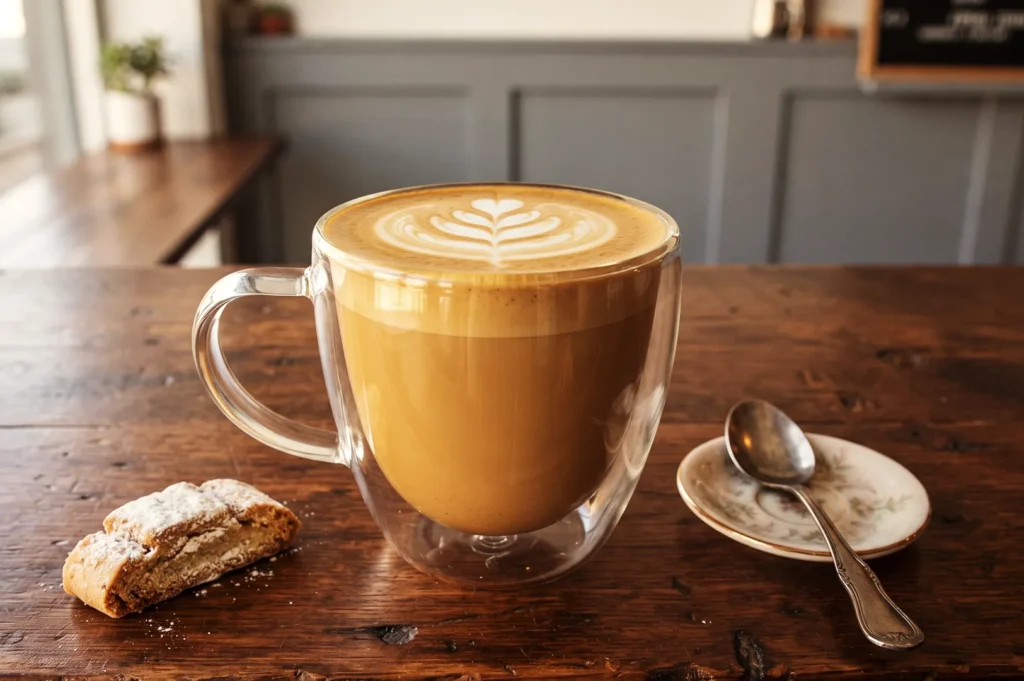 Double-walled glass mug featuring latte art foam sitting next to a biscotti cookie and spoon on a wooden tabletop.