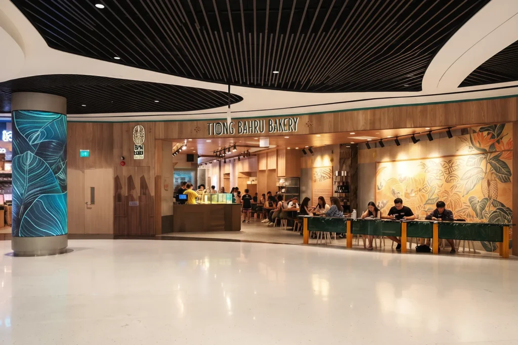 Tiong Bahru Bakery outlet in Singapore shopping mall featuring tropical mural and seated customers