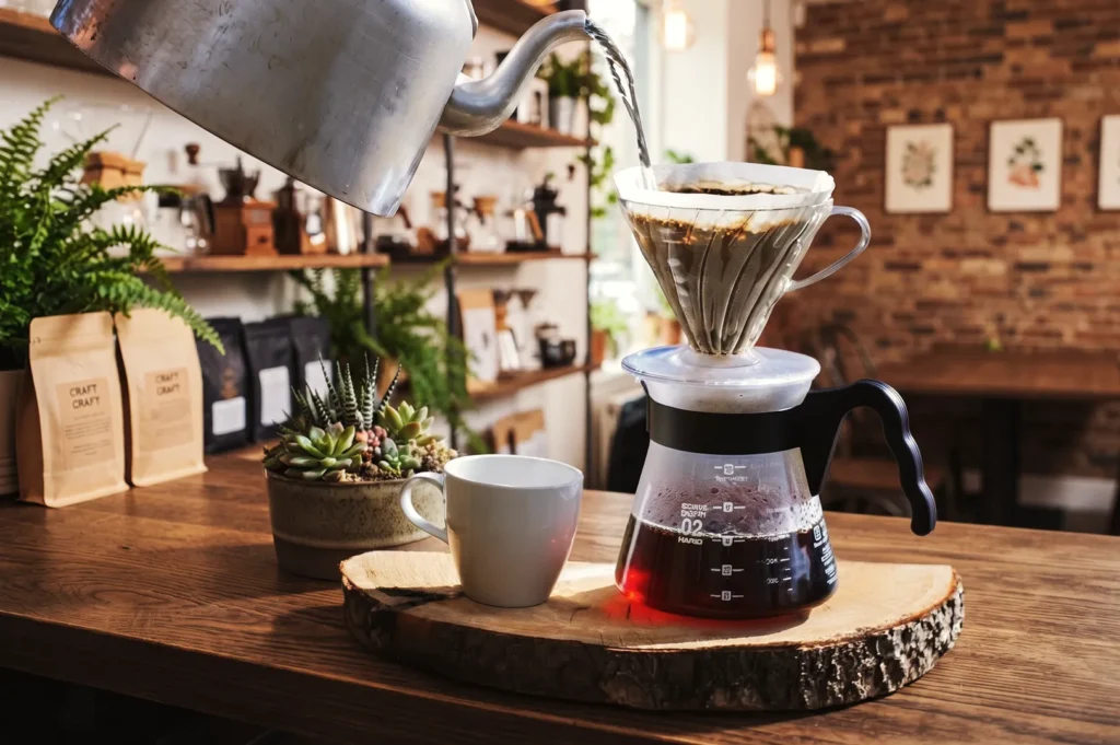 Kettle pouring hot water into a V60 pour-over filter brewing fresh coffee into a glass server.