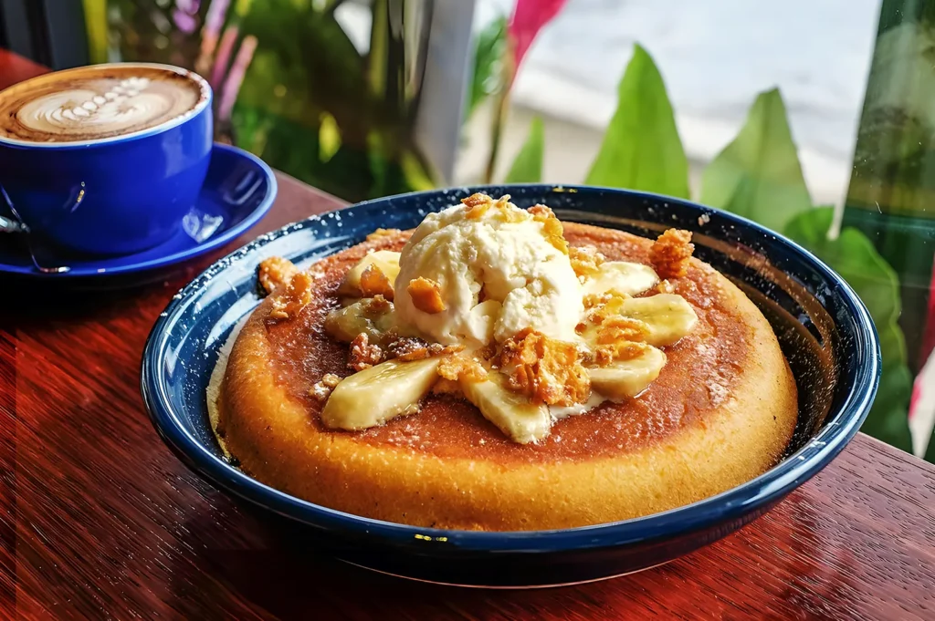 Close‑up of banana pancake topped with ice cream and caramel flakes beside a cappuccino — a decadent dessert and coffee pairing in a cozy café.