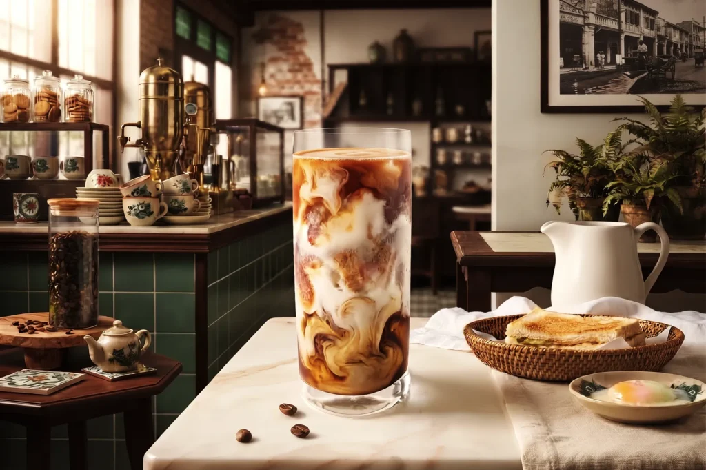 Tall glass of iced coffee swirled with milk on a marble counter in a traditional cafe alongside kaya toast and a soft-boiled egg.