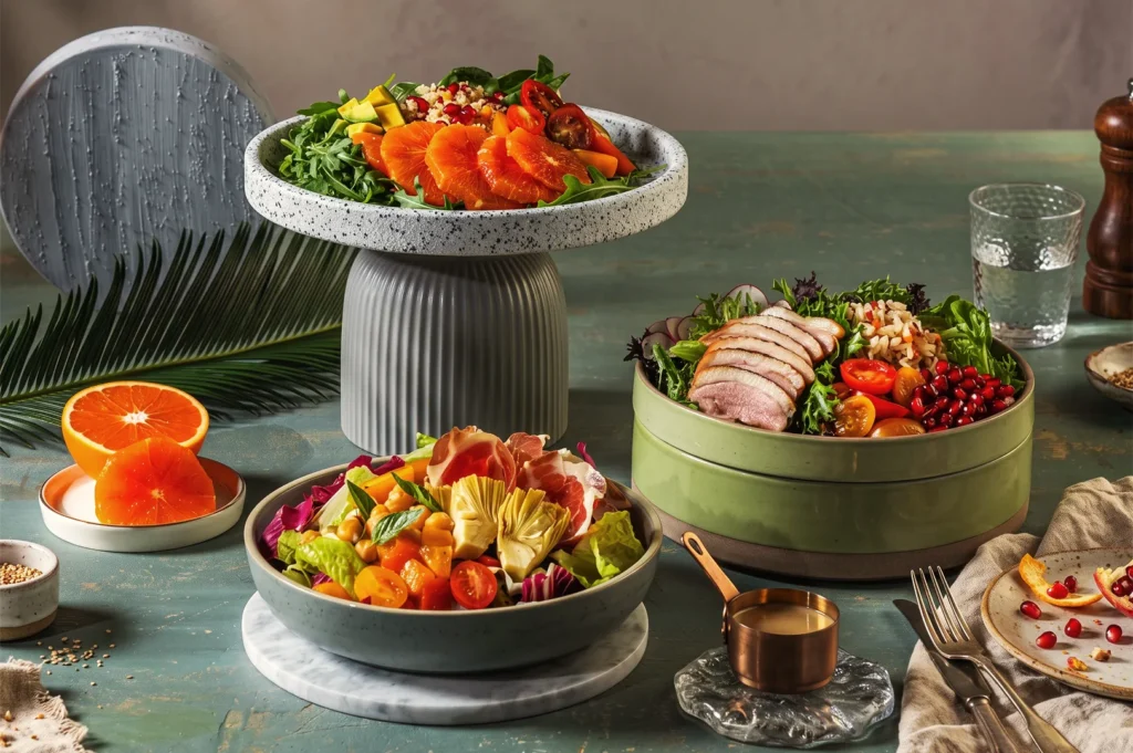 Origin + Bloom Singapore fresh salad bowls with citrus, avocado, pomegranate, and prosciutto served on elegant ceramic dishes.