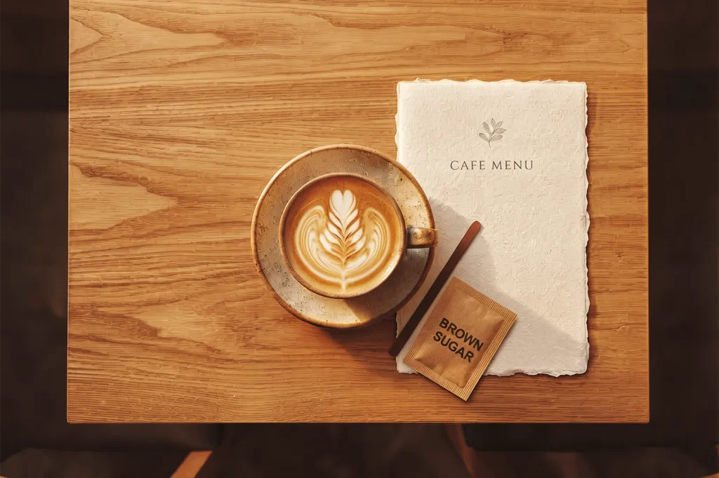 Top-down view of a cup of hot latte art on a ceramic saucer beside a white cafe menu card and brown sugar packet on a wooden table.