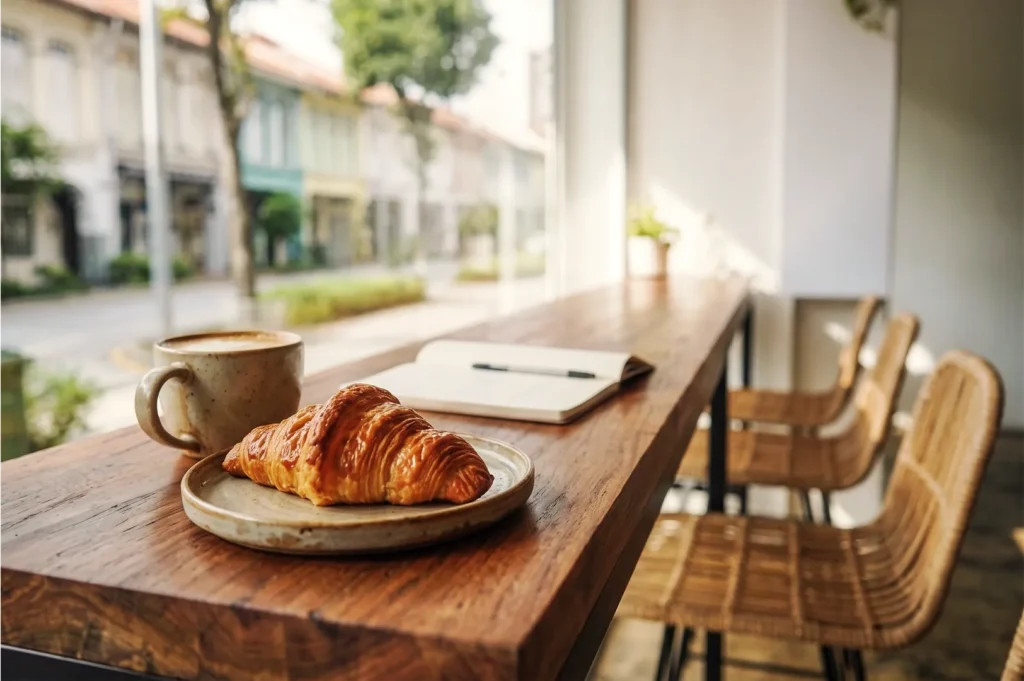 Fresh butter croissant on a plate next to a ceramic coffee mug and open notebook on a wooden counter.