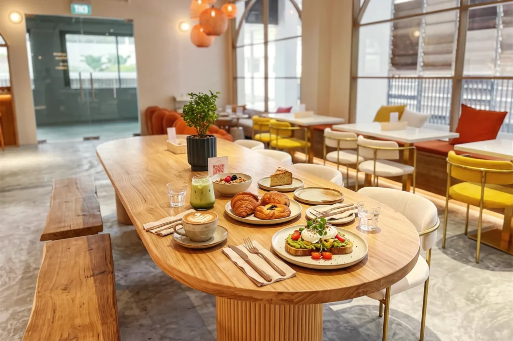 Stylish café in Singapore with wooden communal table set for brunch, showcasing croissants, avocado toast, matcha latte, and cappuccino in a sunlit modern space with vibrant seating.