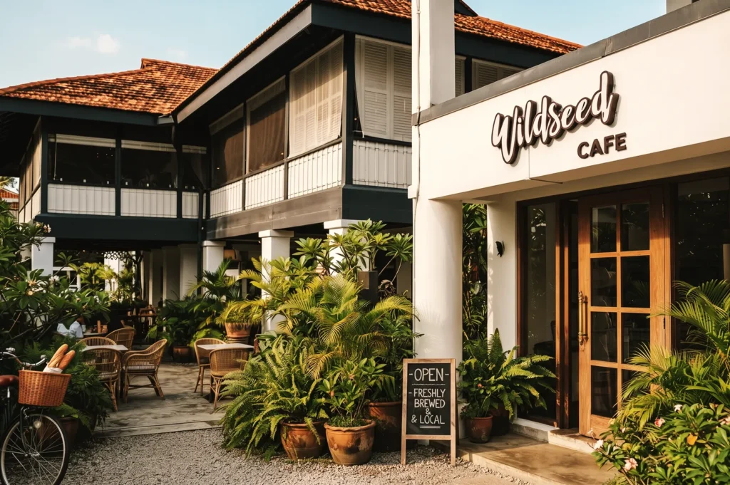 Wildseed Café entrance surrounded by lush greenery and outdoor seating, featuring a rustic bicycle with baguettes and a chalkboard sign reading “Open – Freshly Brewed & Local.”