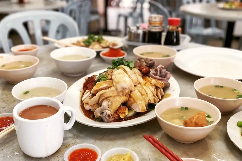 Plate of Hainanese chicken rice served with chili sauce, ginger, and soup bowls at YY Kafei Dian — iconic Singapore comfort food in casual dining setting.