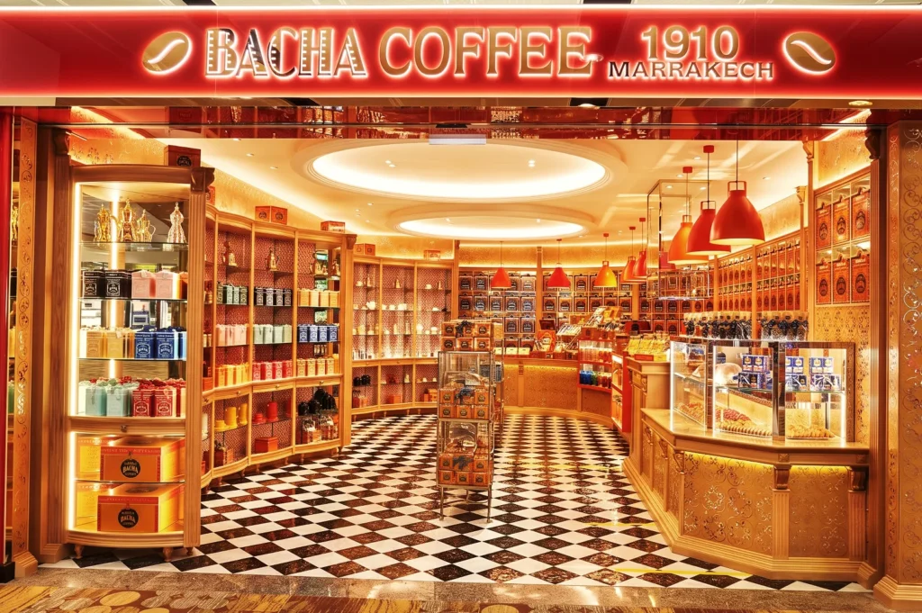 Luxurious Bacha Coffee Singapore boutique with golden décor, checkered floors, and shelves of premium coffee tins and gift boxes.