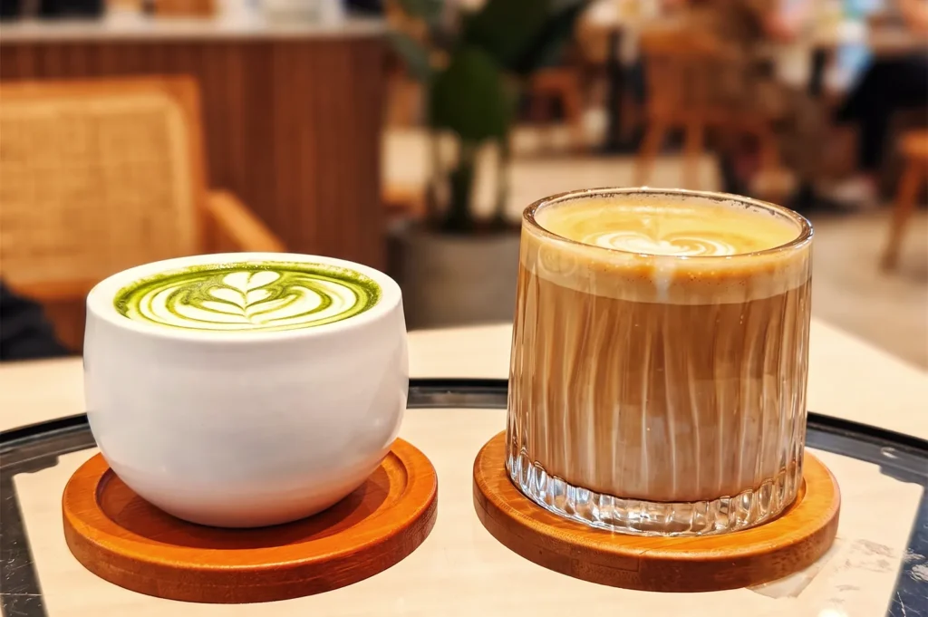 Two cafe drinks featuring a white cup of matcha green tea latte with tulip latte art and a glass of milk coffee latte on round wooden coasters.