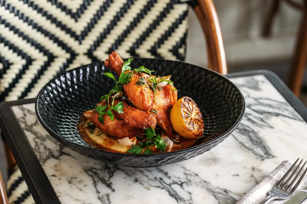 PS.Cafe Singapore roasted chicken plated with grilled lemon and herbs on black textured bowl over marble table.